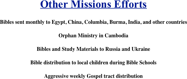 Other Missions Efforts
 Bibles sent monthly to Egypt, China, Columbia, Burma, India, and other countries  Orphan Ministry in Cambodia  Bibles and Study Materials to Russia and Ukraine  Bible distribution to local children during Bible Schools  Aggressive weekly Gospel tract distribution